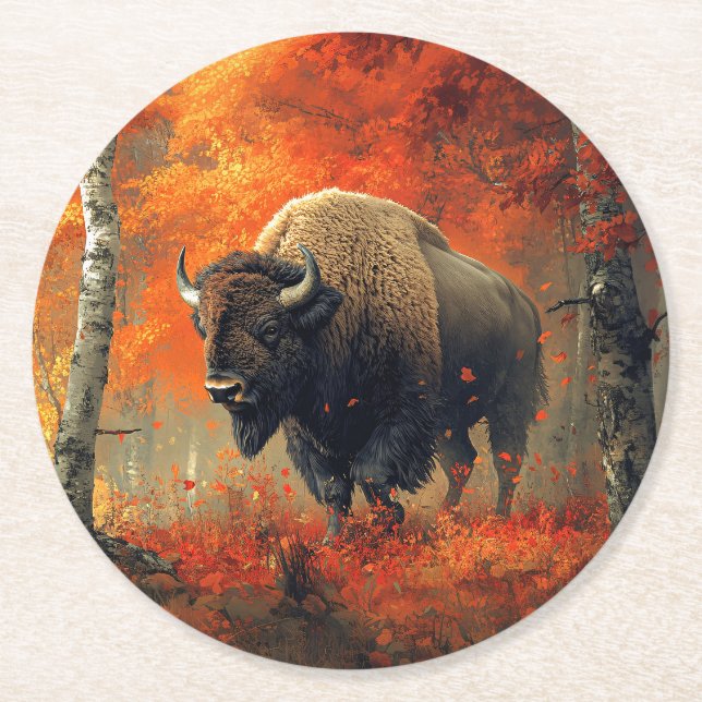 Bison in the Autumn Woods Artwork Round Paper Coaster (Front)