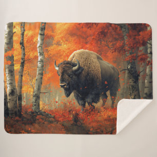 Bison in the Autumn Woods Artwork Sherpa Blanket