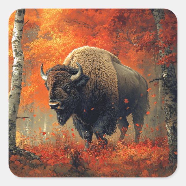Bison in the Autumn Woods Artwork Square Sticker (Front)