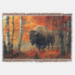 Bison in the Autumn Woods Artwork Throw Blanket