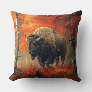 Bison in the Autumn Woods Artwork Throw Pillow