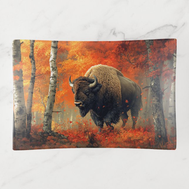 Bison in the Autumn Woods Artwork Trinket Tray (Front)