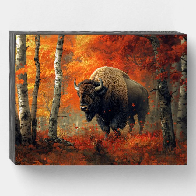 Bison in the Autumn Woods Artwork Wooden Box Sign (Front Horizontal)