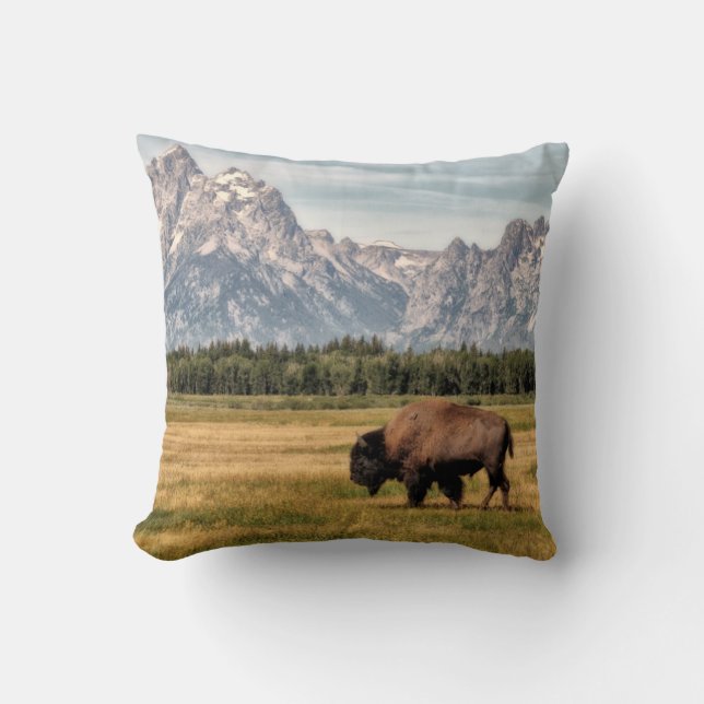 Bison in the Tetons Throw Pillow (Front)