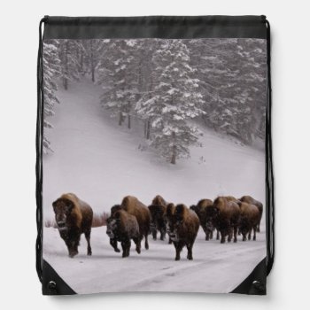 Bison In Winter Drawstring Bag by usyellowstone at Zazzle
