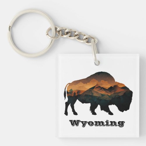 Bison Keychain Customizable Text Wyoming  Keychain
