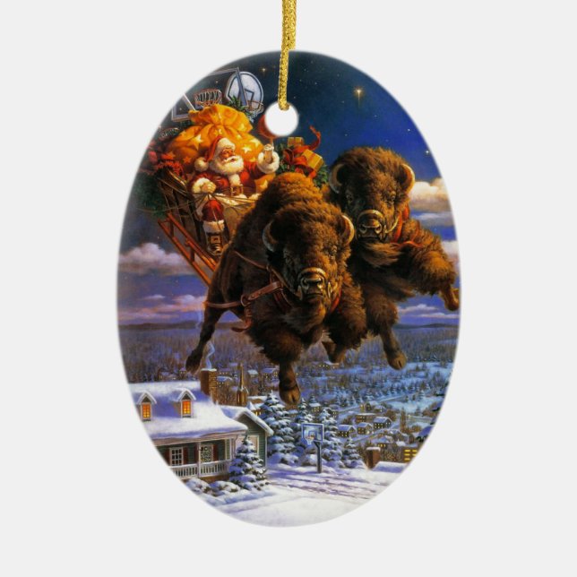 Bison Pulling Santa Claus Ceramic Ornament (Front)