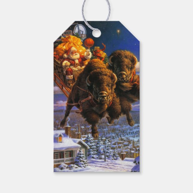 Bison Pulling Santa Claus Gift Tags (Front)