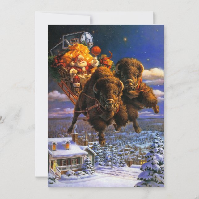 Bison Pulling Santa Claus Holiday Card (Front)