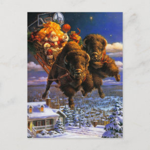 Bison Pulling Santa Claus Holiday Postcard
