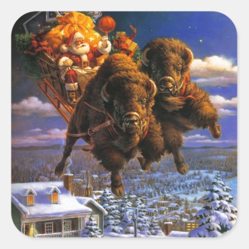 Bison Pulling Santa Claus Square Sticker