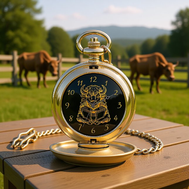 Bison Reading a Book With Curious Expression Pocket Watch (Creator Uploaded)