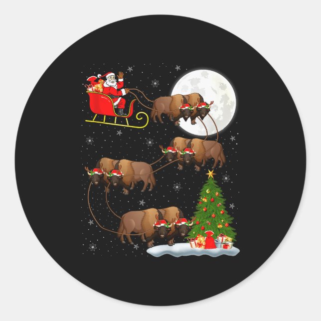 Bison Santa Sleigh Flying Funny Magical Christmas  Classic Round Sticker (Front)