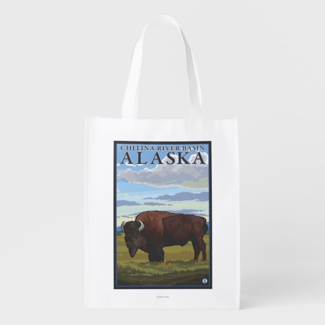 Bison Scene - Chitina River Basin, Alaska Grocery Bag (Front)