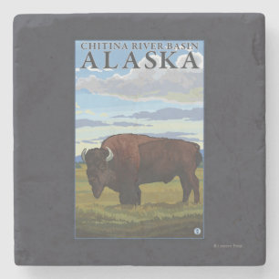 Bison Scene - Chitina River Basin, Alaska Stone Coaster