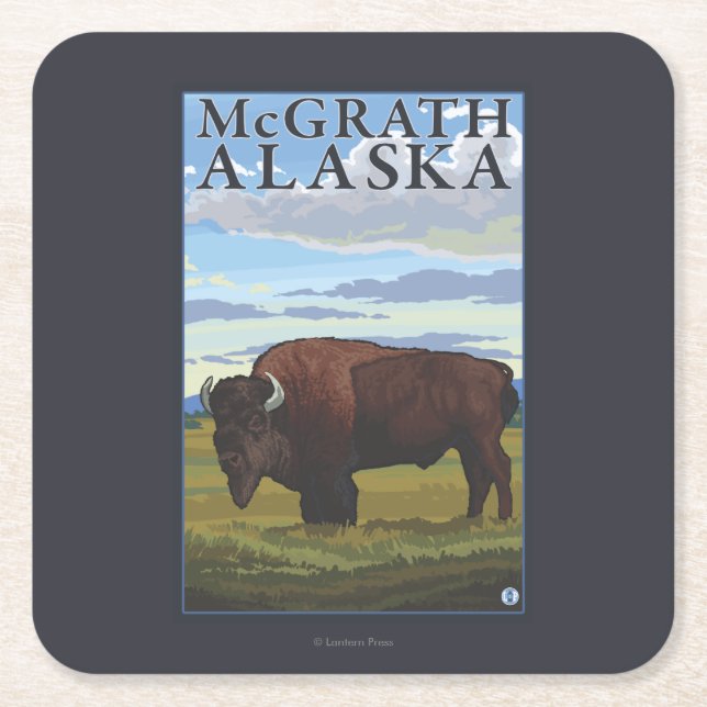 Bison Scene - McGrath, Alaska Square Paper Coaster (Front)