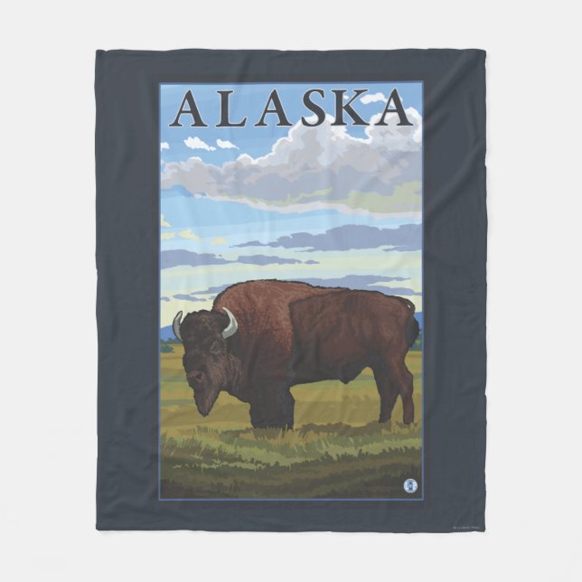 Bison Scene- Vintage Travel Poster Fleece Blanket (Front)