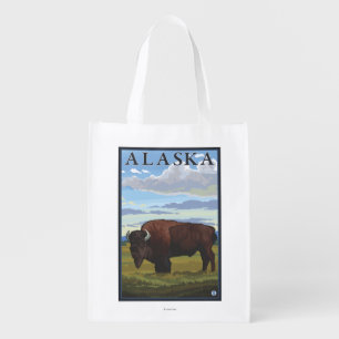 Bison Scene- Vintage Travel Poster Reusable Grocery Bag