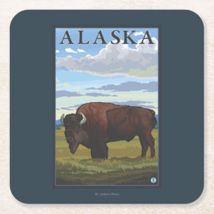 Bison Scene- Vintage Travel Poster Square Paper Coaster