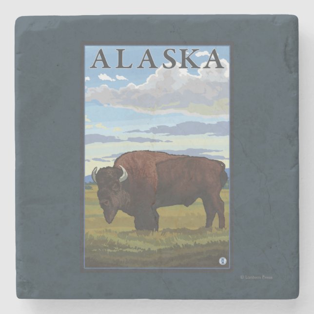Bison Scene- Vintage Travel Poster Stone Coaster (Front)