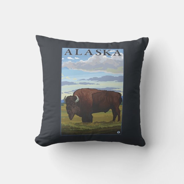 Bison Scene- Vintage Travel Poster Throw Pillow (Front)