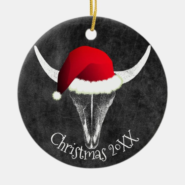 Bison Skull with Santa Hat Christmas Ceramic Ornam Ornament (Front)