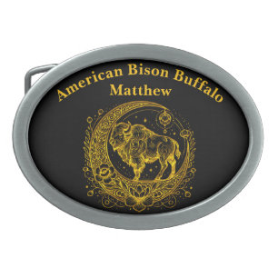 Bison Standing in a Floral Crescent Moon Design Belt Buckle