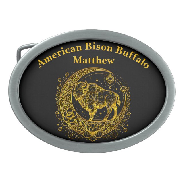Bison Standing in a Floral Crescent Moon Design Belt Buckle (Front)