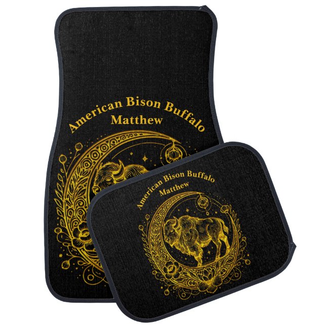 Bison Standing in a Floral Crescent Moon Design Car Floor Mat (Set)