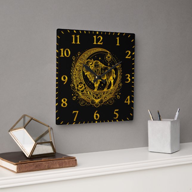 Bison Standing in a Floral Crescent Moon Design Square Wall Clock (Office)