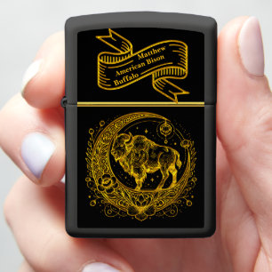 Bison Standing in a Floral Crescent Moon Design Zippo Lighter