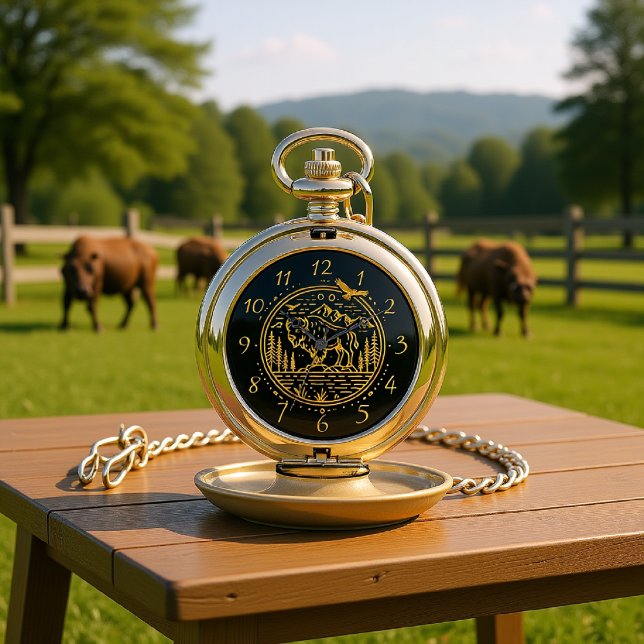 Bison Stands Majestically in a Natural Landscape Pocket Watch (Creator Uploaded)