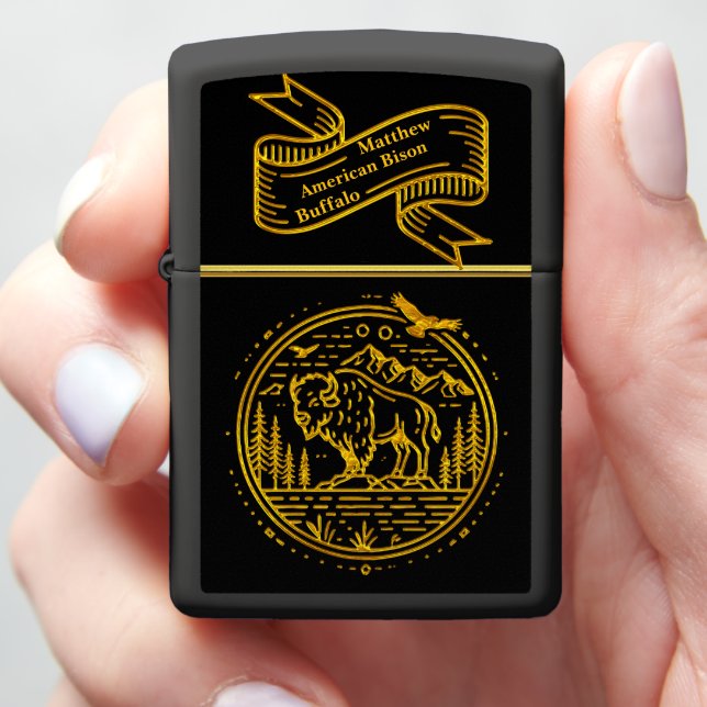 Bison Stands Majestically in a Natural Landscape Zippo Lighter (In Hand)