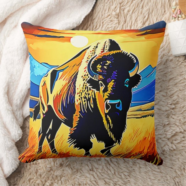 Bison Sunset Majesty Design Throw Pillow (Blanket)