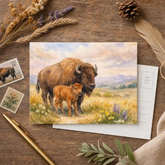 Bison Watercolor Grassland Nature-Wildlife