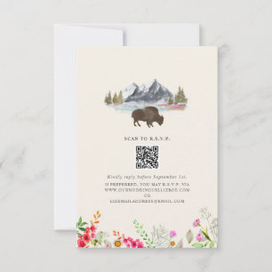 Bison Watercolor Mountains Floral Wedding QR RSVP Card