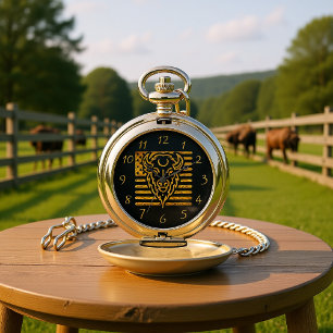 Bison With American Flag Background Pocket Watch