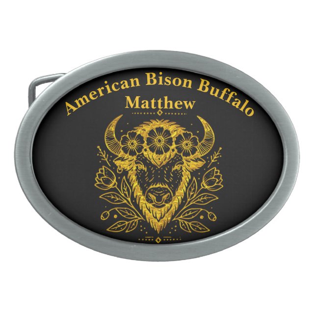 Bison With Floral Crown in Intricate Design Belt Buckle (Front)