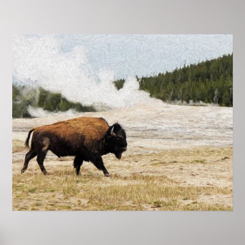 Bison with Old Faithful in Yellowstone Poster