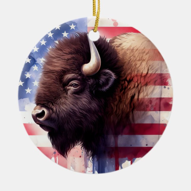 Bison with United States of America flag Ceramic Ornament (Front)