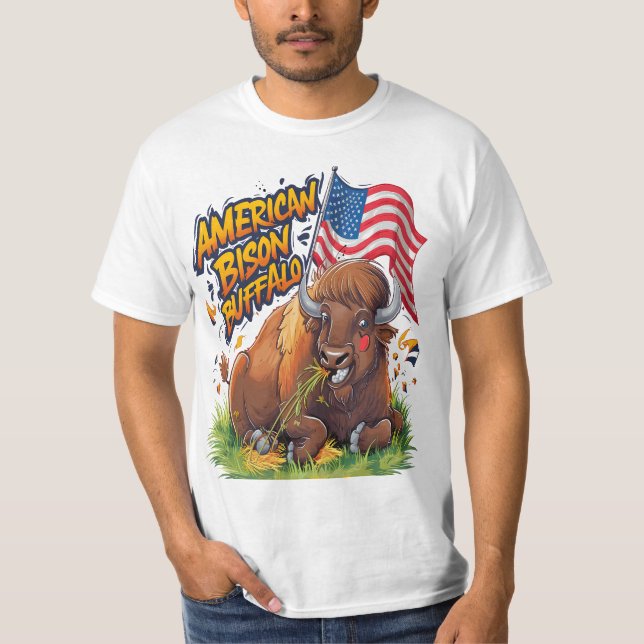 Bison with US Flag in Grass T-Shirt (Front)