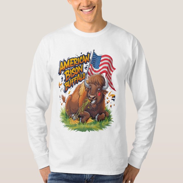 Bison with US Flag in Grass T-Shirt (Front)