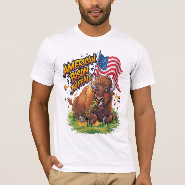 Bison with US Flag in Grass T-Shirt (Front)