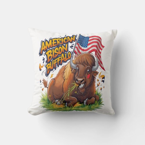 Bison with US Flag in Grass Throw Pillow