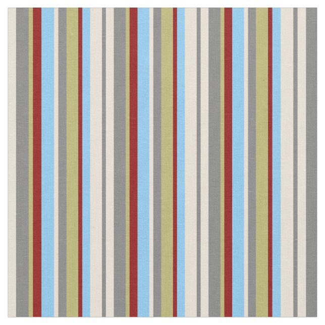 Bisque, Gray, Khaki, Red & Light Sky Blue Lines Fabric (Close Up)