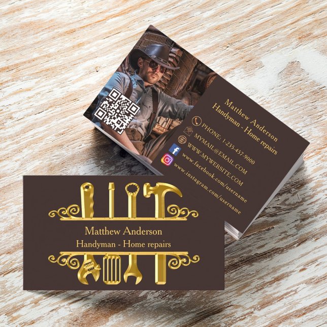 Bistre brown gold tools home repairs photo QR code Business Card (Creator Uploaded)