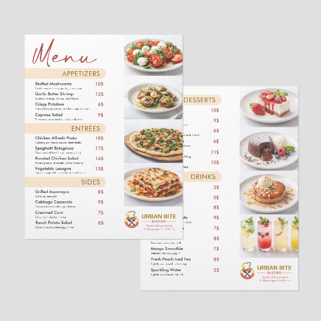 Bistro or Small Cafe Menu Card with Photos (Front/Back)