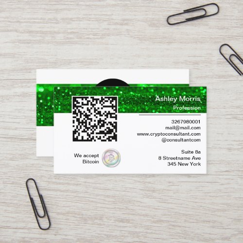 Bit Me QR Code We Accept Bitcoin Green Glitter Business Card