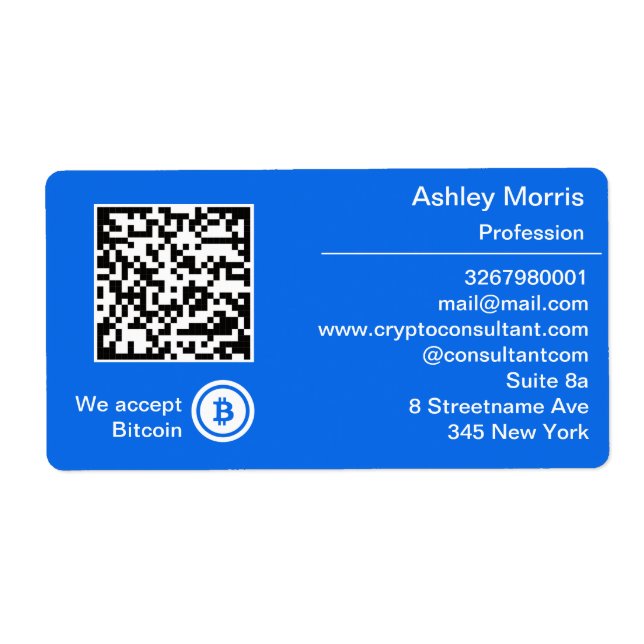 Bit Me QR Code We Accept Bitcoin Logo Blue Label (Front)