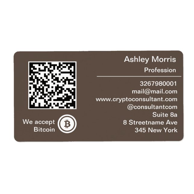 Bit Me QR Code We Accept Bitcoin Logo Brown Label (Front)
